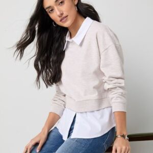 NWT Francesca’s Meghan Two-Fer Sweatshirt Top | Women’s Medium Taupe/White
